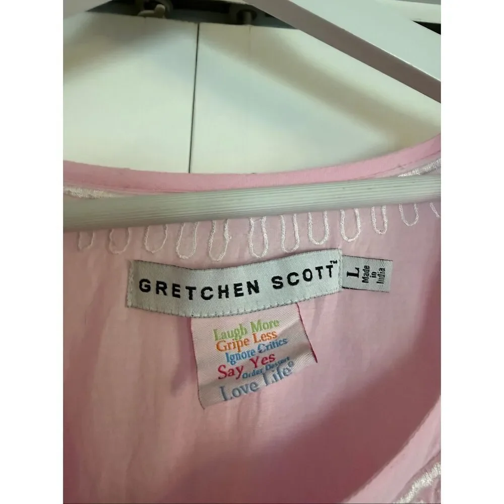 Gretchen Scott pink embroidered tassel tie tunic blouse size large